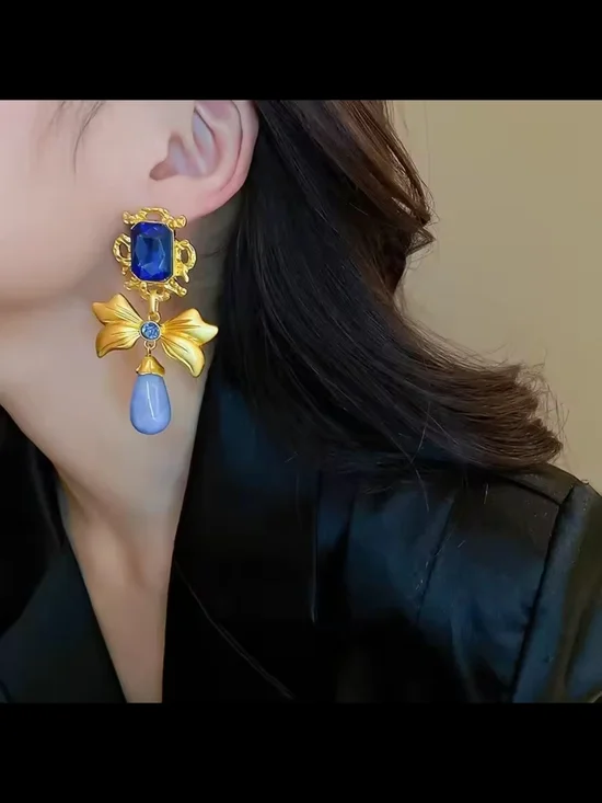 Gold-Tone Earrings with Royal Blue and Cornflower Drop - Picture 9 of 12